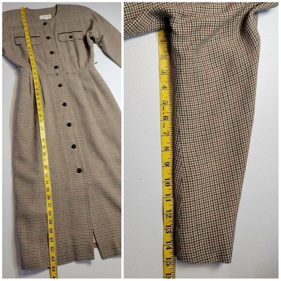 Talbots Vintage Houndstooth Plaid Elegant Brown Belted Button Front Dress - Picture 13 of 15